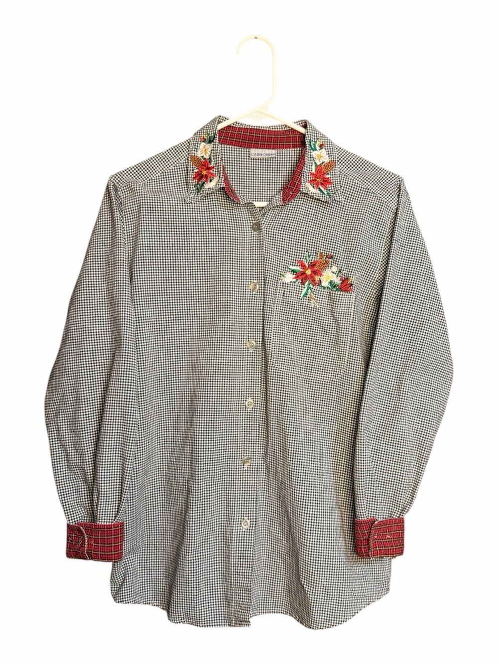 Cabin Creek Black & White Gingham Button-Down Shirt with Red Floral Embroidery